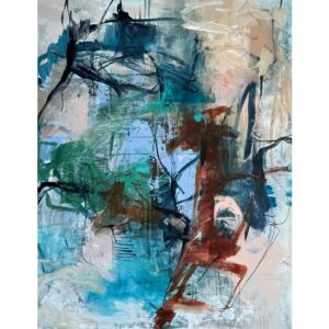 stort abstrakt maleri i lyse og blå /grønne nuancer