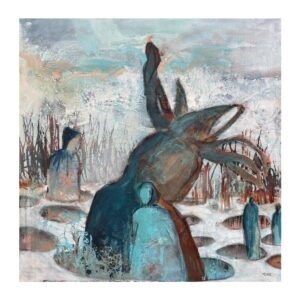 maleri af mennesker i blå og gyldne nuancer