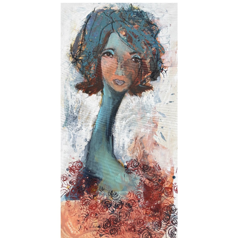 Maleri af hvind i blå og brændte farver fra Hoier Art