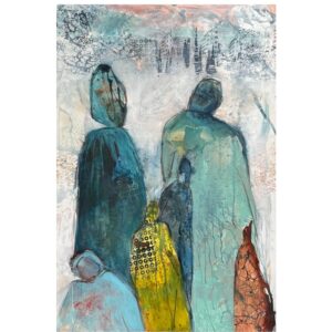 Stort maleri af Hoier Art i blå nuancer og af abstrakte mennesker