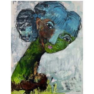 maleri af kvinde malet i blå og grønne nuancer på papir