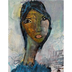 maleri af kvinde malet i blå og brændte nuancer på papir