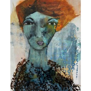 maleri af kvinde malet i blå og brændte nuancer på papir