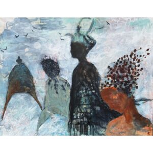 maleri fra hoierart i blå og brændte nuancer