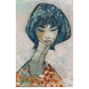 mindre maleri med kvinde i blå og brændte nuancer