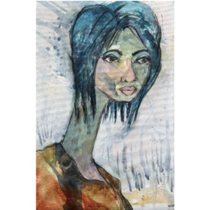 mindre maleri fra Hoier art af kvinde i blå og brændte nuancer