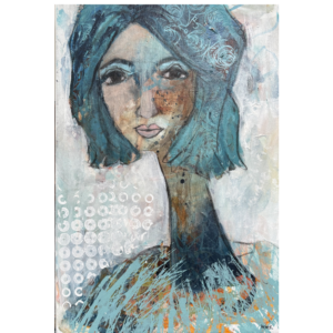 maleri fra Hoier art af kvinde, i blå og turkise nu