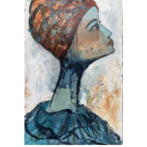 maleri af kvinde fra Hoier Art, malet i blå og brændte røde nuancer